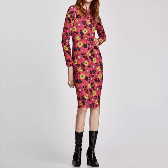Zara Dress Womens Small Red Yellow Floral Bodycon Midi Stretch Long Sleeve - Picture 1 of 11